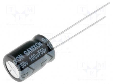 ELEKTROLYYTTIKONDENSAATTORI - THT - 100UF - 50VDC - Elektrolyyttikondensaattorit - pysty - KM10050 - 1