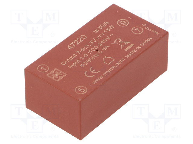 AC/DC MUUNNIN - 15W - TULOJÄNNITE 85÷265VAC,120÷370VDC - LÄHTÖJÄNNITE 3,3VDC - 82% - AC/DC muuntimet - MYRRA-47220 - 1
