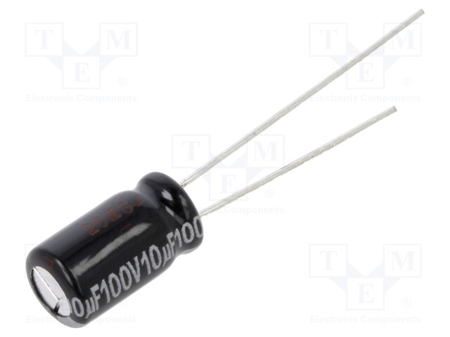 ELEKTROLYYTTIKONDENSAATTORI - THT - 10UF - 100VDC - Elektrolyyttikondensaattorit - pysty - ECA2AHG100 - 1