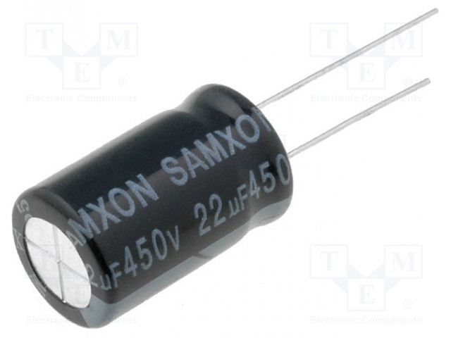 ELEKTROLYYTTIKONDENSAATTORI - THT - 22UF - 450VDC - Elektrolyyttikondensaattorit - pysty - KM22450 - 1
