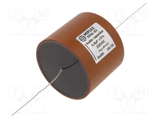 KONDENSAATTORI: ALUMIINI-POLYPROPYLEENI-PAPERI - 6,8UF - 250VDC - Kondensaattorit MKP - KPAL03-6.8U250 - 1