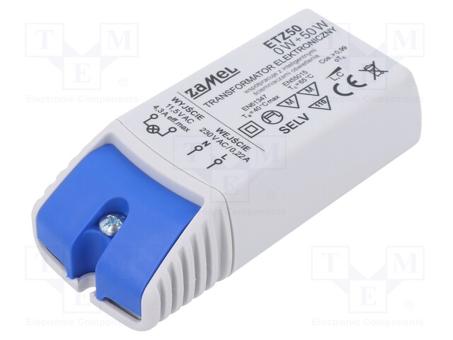 MUUNTAJA HALOGEENILAMPUILLE - 50VA - 230VAC - 11,5V - IP20 - 95X41,5X27,5MM - Muuntajat kiinnityksen kanssa - ETZ50 - 1