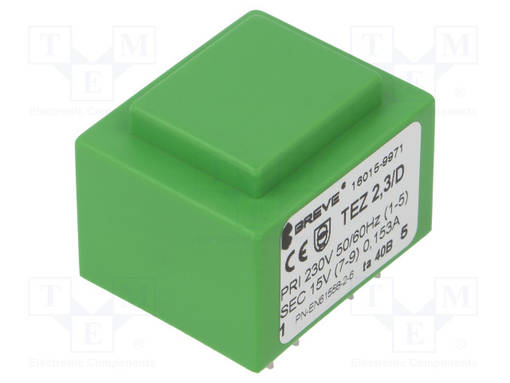 MUUNTAJA - 2,3VA - 230VAC - 15V - 153MA - PCB - IP00 - TEZ - Piirilevymuuntajat - TEZ2.3D15V-TA40 - 1