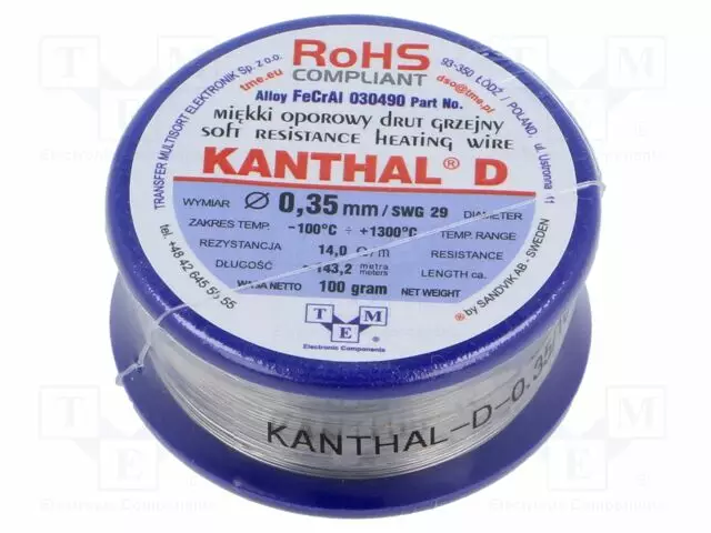 VASTUSLANKA - 14OHM/M - -100÷1300°C - 0,1KG - ULKOØ: 0,35MM - FECRAL - Vastuslangat - KANTHAL-D-0.35100 - 1