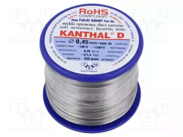 VASTUSLANKA - 8,49OHM/M - -100÷1300°C - 0,25KG - ULKOØ: 0,45MM - FECRAL - Vastuslangat - KANTHAL-D-0.45250 - 1