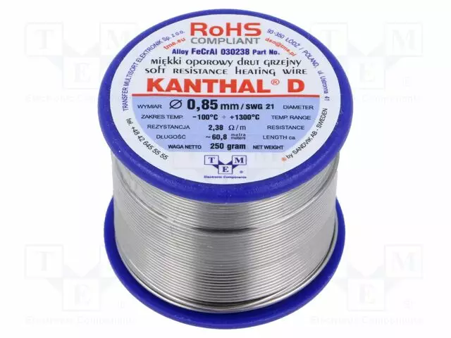 VASTUSLANKA - 2,38OHM/M - -100÷1300°C - 0,25KG - ULKOØ: 0,85MM - FECRAL - Vastuslangat - KANTHAL-D-0.85250 - 1