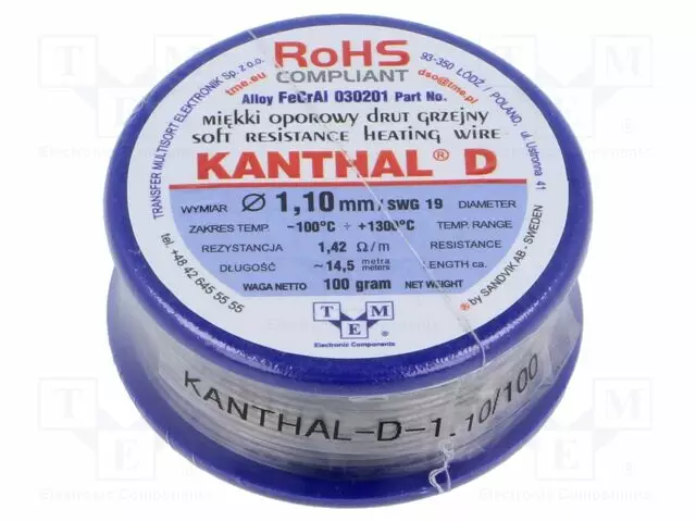 VASTUSLANKA - 1,42OHM/M - -100÷1300°C - 0,1KG - ULKOØ: 1,1MM - FECRAL - Vastuslangat - KANTHAL-D-1.10100 - 1