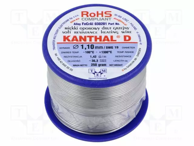 VASTUSLANKA - 1,42OHM/M - -100÷1300°C - 0,25KG - ULKOØ: 1,1MM - FECRAL - Vastuslangat - KANTHAL-D-1.10250 - 1