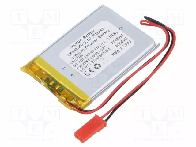 AKKU: LI-PO - 3,7V - 750MAH - JOHDOT,JST SYP-02T-1 LIITOS - Akut - AKY-LP443450 - 1