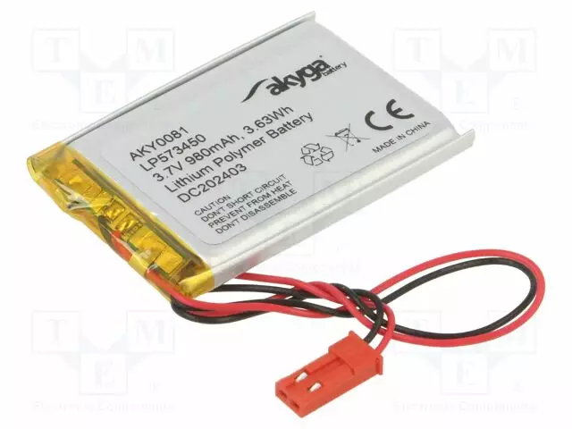 AKKU: LI-PO - 3,7V - 980MAH - JOHDOT,JST SYP-02T-1 LIITOS - 1KPL - Akut - AKY-LP573450 - 1
