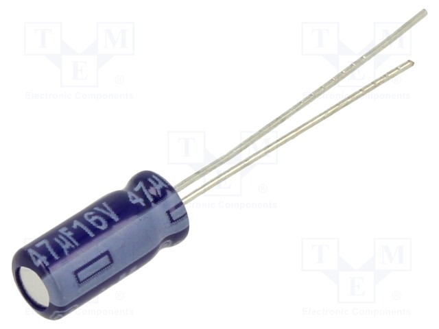 ELEKTROLYYTTIKONDENSAATTORI - THT - 47UF - 16VDC - Elektrolyyttikondensaattorit - pysty - ECA1CM470 - 1