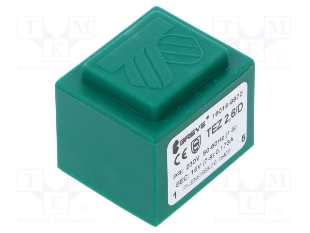 MUUNTAJA - 2,6VA - 230VAC - 15V - 173MA - PCB - IP00 - TEZ - Piirilevymuuntajat - TEZ2.6D15V-TA40 - 1