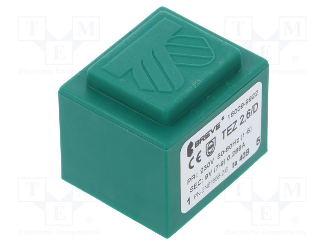 MUUNTAJA - 2,6VA - 230VAC - 9V - 289MA - PCB - IP00 - TEZ - A: 28MM - Piirilevymuuntajat - TEZ2.6D9V-TA40 - 1