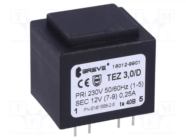 MUUNTAJA - 3VA - 230VAC - 12V - 250MA - PCB - IP00 - TEZ - A: 28MM - Piirilevymuuntajat - TEZ3D12V-TA40 - 1