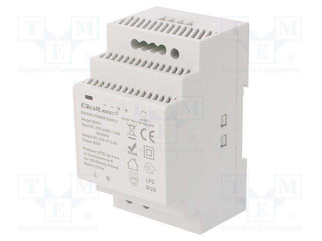 VIRTALÄHDE: IMPULSSI - DIN-KISKOLLE - 60W - 24VDC - 2,5A - 220÷240VAC - DIN-kisko virtalähteet - QOLTEC-50921 - 1