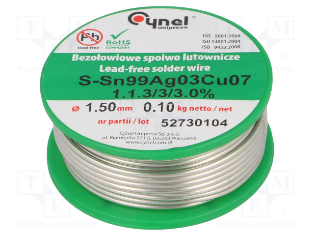 LYIJYTÖN TINA - SN99CU0,7AG0,3 - 1,5MM - 100G - KELA - 216÷227°C - 3% - Juotostinat ja muut juotosaineet - SAC0307-1.50.1 - 1