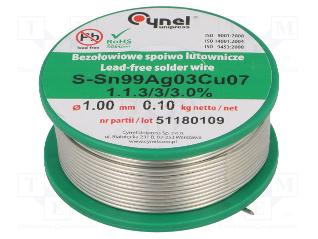 LYIJYTÖN TINA - SN99CU0,7AG0,3 - 1MM - 100G - KELA - 216÷227°C - 3% - Juotostinat ja muut juotosaineet - SAC0307-1.00.1 - 1