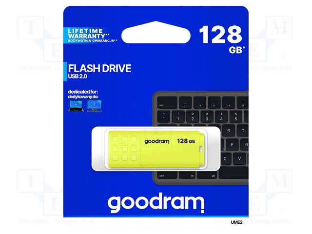 PENDRIVE - USB 2.0 - 128GB - R: 20MB/S - W: 5MB/S - KELTAINEN - USB A - USB muistit - UME2-1280Y0R11 - 1