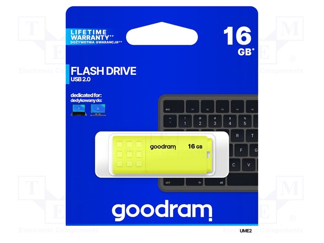 PENDRIVE - USB 2.0 - 16GB - R: 20MB/S - W: 5MB/S - KELTAINEN - USB A - USB muistit - UME2-0160Y0R11 - 1