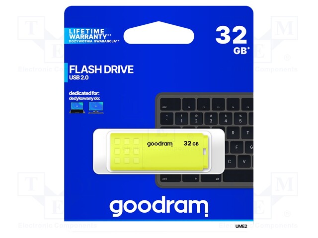PENDRIVE - USB 2.0 - 32GB - R: 20MB/S - W: 5MB/S - KELTAINEN - USB A - USB muistit - UME2-0320Y0R11 - 1