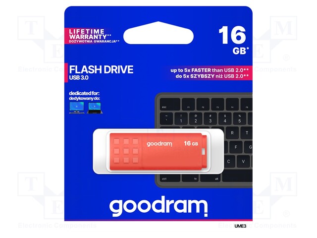 PENDRIVE - USB 3.0 - 16GB - R: 60MB/S - W: 20MB/S - ORANSSI - USB A - USB muistit - UME3-0160O0R11 - 1