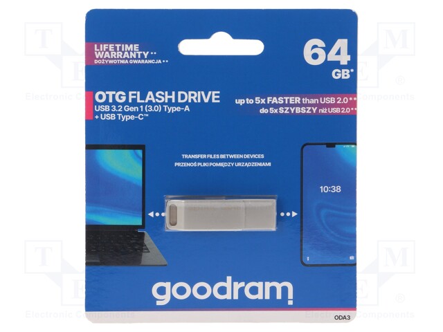 PENDRIVE - USB 3.2 - 64GB - R: 60MB/S - W: 20MB/S - HOPEA - USB A,USB C - USB muistit - ODA3-0640S0R11 - 1