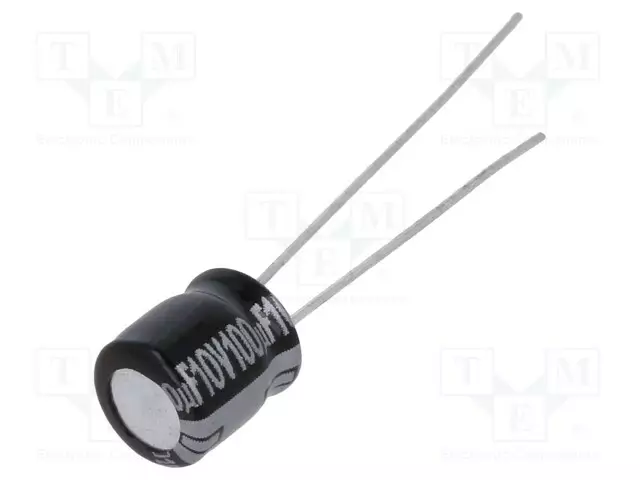 ELEKTROLYYTTIKONDENSAATTORI - THT - 100UF - 10VDC - Elektrolyyttikondensaattorit - pysty - EEAGA1A101 - 1