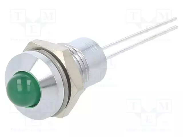 MERKKIVALO: LED - KUPERA - VIHREÄ - 2,2VDC - Ø8MM - IP40 - 2PIN - METALLI - Merkkivalot ja pienoislamput - 19040001 - 1