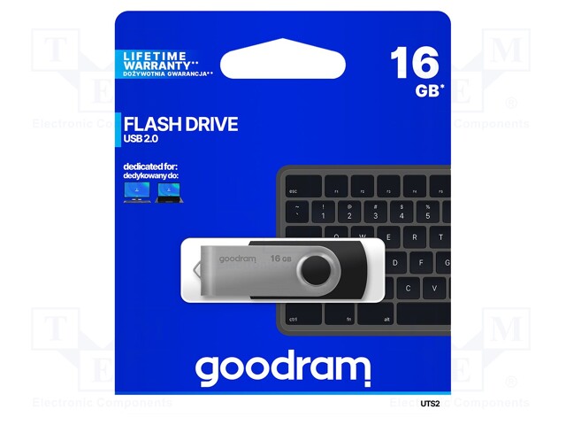 PENDRIVE - USB 2.0 - 16GB - R: 20MB/S - W: 5MB/S - MUSTA - USB A - USB muistit - UTS2-0160K0R11 - 1