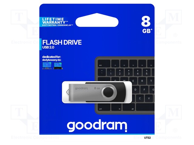 PENDRIVE - USB 2.0 - 8GB - R: 20MB/S - W: 5MB/S - MUSTA - USB A - USB muistit - UTS2-0080K0R11 - 1