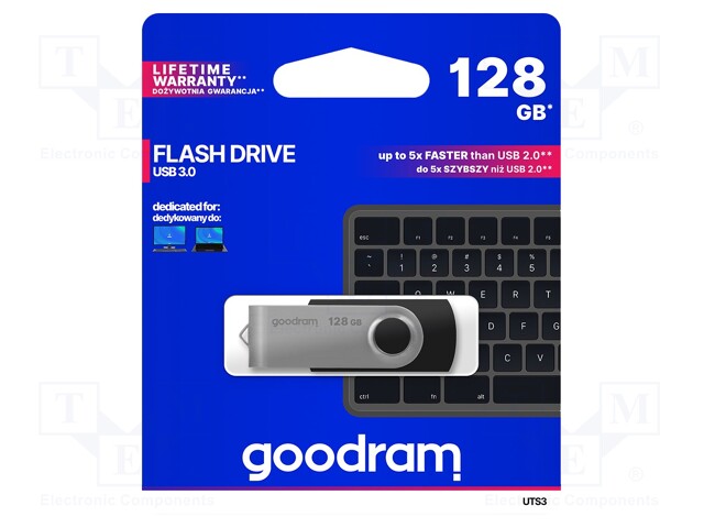 PENDRIVE - USB 3.2 GEN 1 - 128GB - R: 60MB/S - W: 20MB/S - MUSTA - USB muistit - UTS3-1280K0R11 - 1