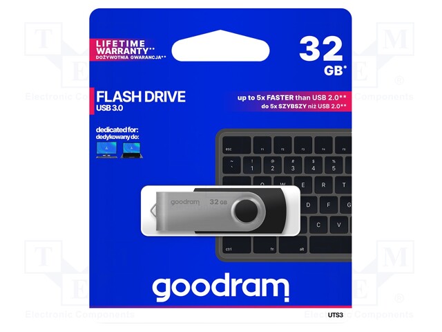 PENDRIVE - USB 3.2 GEN 1 - 32GB - R: 60MB/S - W: 20MB/S - MUSTA - USB muistit - UTS3-0320K0R11 - 1