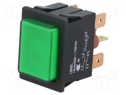 PAINOKYTKIN - AS: 2 - DPST - 16A/250VAC - OFF-ON - IP40 - VIHREÄ - Standardikytkimet - 1660.3202 - 1