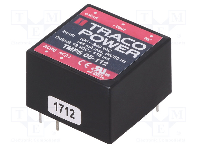 AC/DC MUUNNIN - 5W - TULOJÄNNITE 85÷264VAC,120÷370VDC - LÄHTÖJÄNNITE 12VDC - 82% - AC/DC muuntimet - TMPS05-112 - 1
