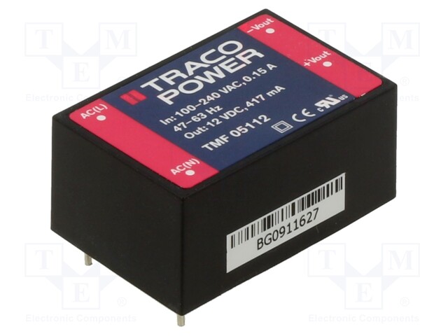 AC/DC MUUNNIN - 5W - TULOJÄNNITE 90÷264VAC,120÷370VDC - LÄHTÖJÄNNITE 12VDC - 82% - AC/DC muuntimet - TMF05112 - 1