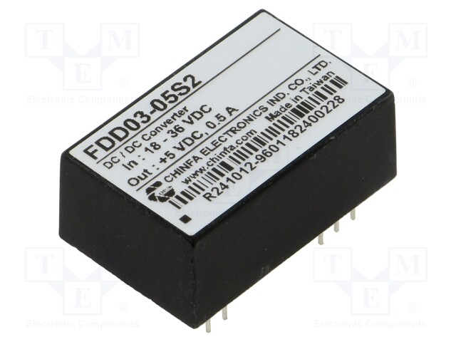 DC/DC MUUNNIN - 2,5W - TULOJÄNNITE 18÷36VDC - LÄHTÖJÄNNITE 5VDC - ILÄH: 500MA - DIP24 - DC/DC muuntimet - FDD03-05S2 - 1