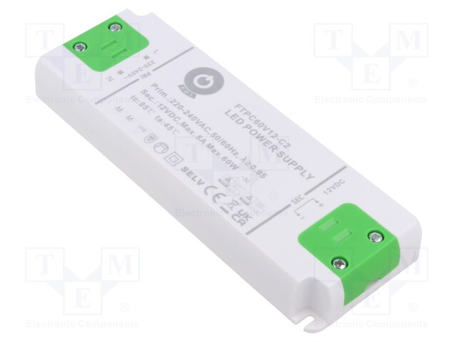 VIRTALÄHDE: IMPULSSI - LED - 60W - 12VDC - 5A - 198÷264VAC - FTPC-C2 - 87% - LED teholähteet - FTPC60V12-C2 - 1