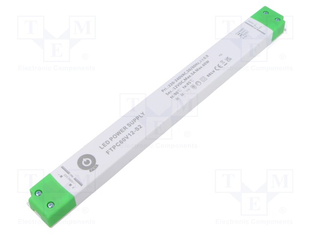 VIRTALÄHDE: IMPULSSI - LED - 60W - 12VDC - 5A - 220÷240VAC - FTPC-S2 - 86% - LED teholähteet - FTPC60V12-S2 - 1