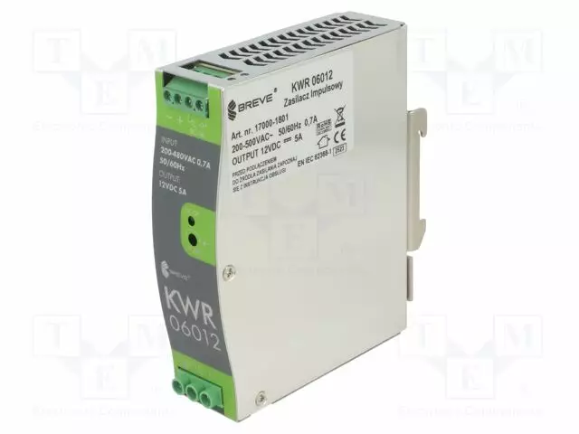 VIRTALÄHDE: IMPULSSI - 60W - DIN-KISKOLLE - OUT: 1 - KWR - DIN-kisko virtalähteet - KWR-6012 - 1
