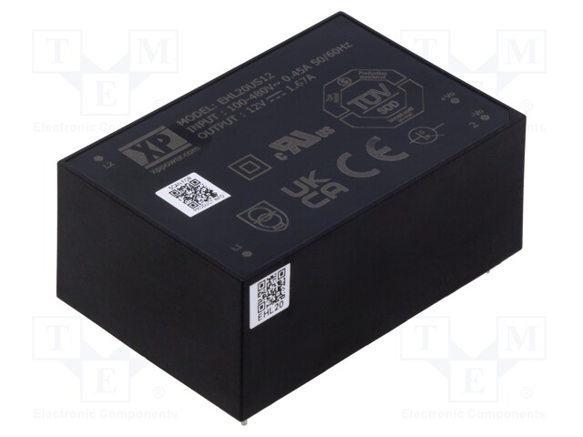 AC/DC MUUNNIN - 20W - LÄHTÖJÄNNITE 12VDC - ILÄH: 1,67A - OUT: 1 - 86% - EHL - THT - AC/DC muuntimet - EHL20US12 - 1