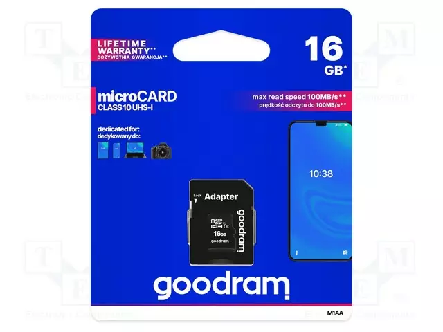MUISTIKORTTI - MICROSDHC - 16GB - CLASS 10 UHS U1 - R: 100MB/S - 0÷70°C - Muistikortit - M1AA-0160R12 - 1