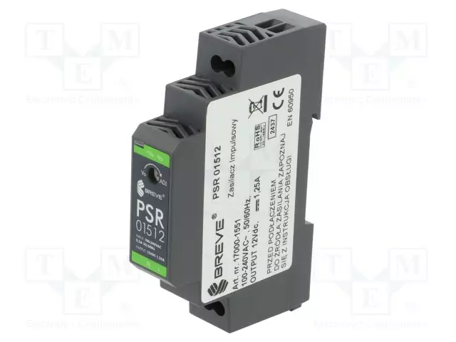 VIRTALÄHDE: IMPULSSI - DIN-KISKOLLE - 15W - 12VDC - 1,25A - 85÷264VAC - DIN-kisko virtalähteet - PSR-01512 - 1