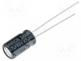 ELEKTROLYYTTIKONDENSAATTORI - THT - 47UF - 63VDC - Elektrolyyttikondensaattorit - pysty - KM4763 - 2