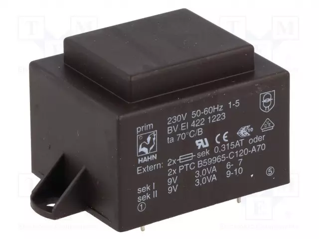 MUUNTAJA - 6VA - 230VAC - 9V - 9V - 334MA - 334MA - PCB - BVEI - Piirilevymuuntajat - BVEI4221223 - 1