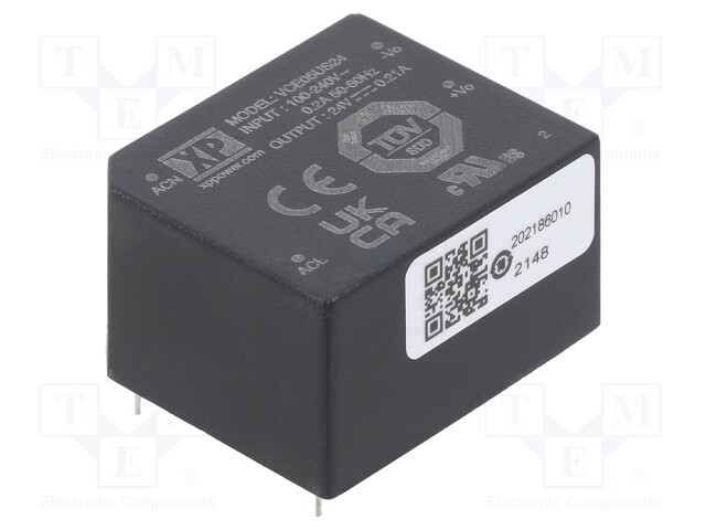 AC/DC MUUNNIN - 5W - TULOJÄNNITE 85÷264VAC - 24VDC - ILÄH: 210MA - OUT: 1 - 78% - AC/DC muuntimet - VCE05US24 - 1