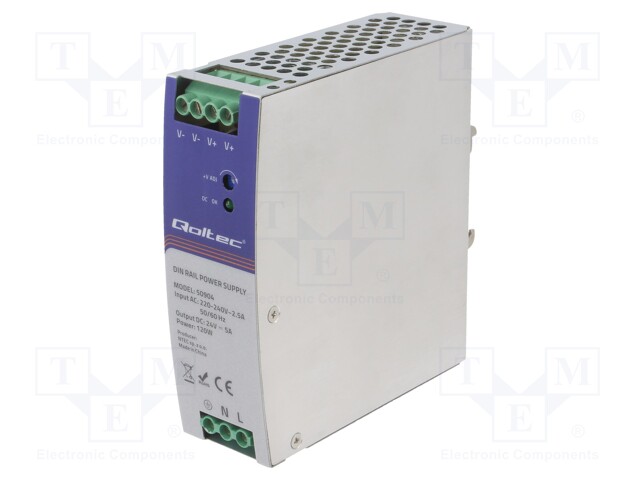 VIRTALÄHDE: IMPULSSI - DIN-KISKOLLE - 120W - 24VDC - 5A - 220÷240VAC - DIN-kisko virtalähteet - QOLTEC-50904 - 1
