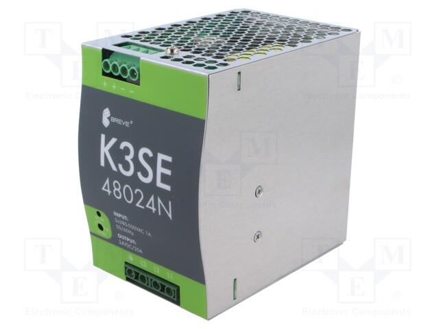 VIRTALÄHDE: IMPULSSI - DIN-KISKOLLE - 480W - 24VDC - 20A - 340÷550VAC - DIN-kisko virtalähteet - K3SE-48024 - 1