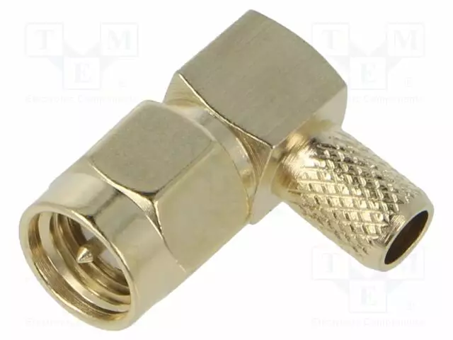 LIITIN: SMA - PISTOKE - UROS - 90° KULMA - 50OHM - PTFE - KULLATTU - RG58 - SMA, SMB, SMC liittimet - R-544 - 1