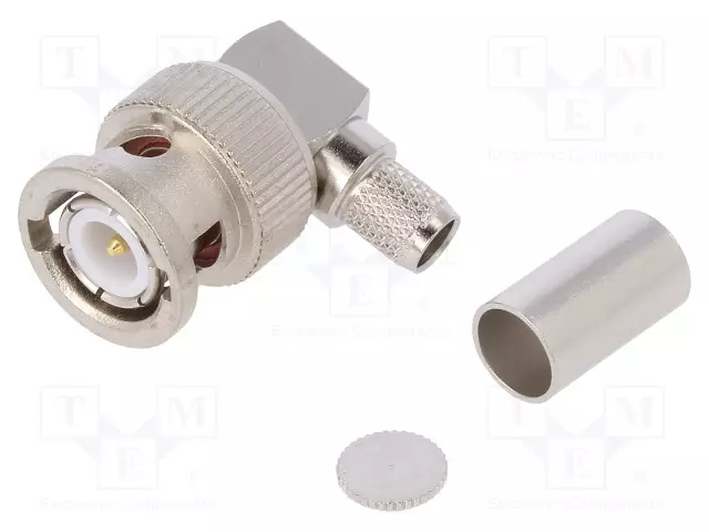 LIITIN: BNC - PISTOKE - UROS - 90° KULMA - 50OHM - JOHTOON - PTFE - BNC liittimet - J01000A0054 - 1