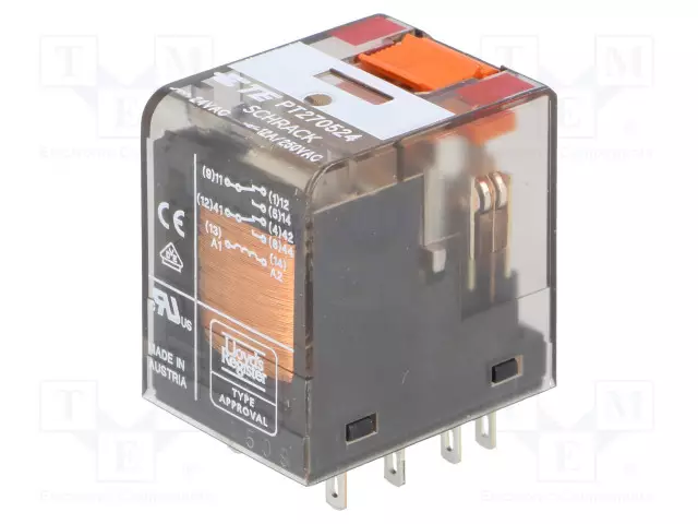 RELE - DPDT - UKELAN: 24VAC - 12A/250VAC - ALUSLEVY - Teollisuusreleet - PT270524 - 1